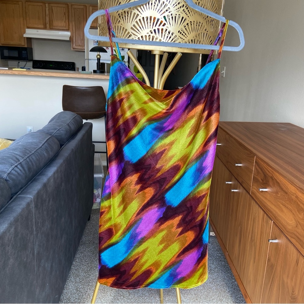 Cowl neck multi color velvet mini dress